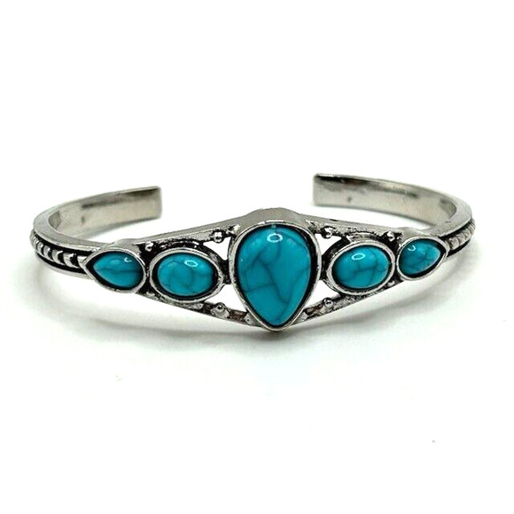 Faux Silver Turquoise Stones Open Bangle Cuff Bracelet Jewelry Boho Southwestern - Picture 6 of 8